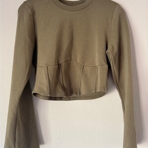 OAK + FORT OAK Refined Green Fitted Long Sleeve Crop Top